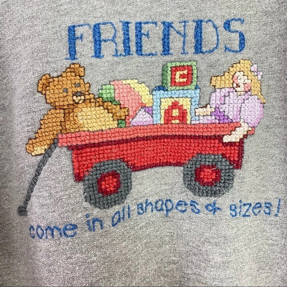 Vintage 90s Handmade Cross Stitch Nerdy Crewneck Pullover Sweatshirt Medium Gray - Picture 5 of 13